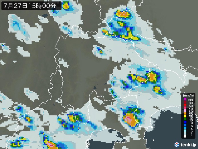 山梨県の雨雲レーダー(2026年07月27日)
