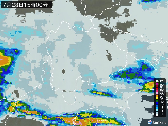 山梨県の雨雲レーダー(2026年07月28日)