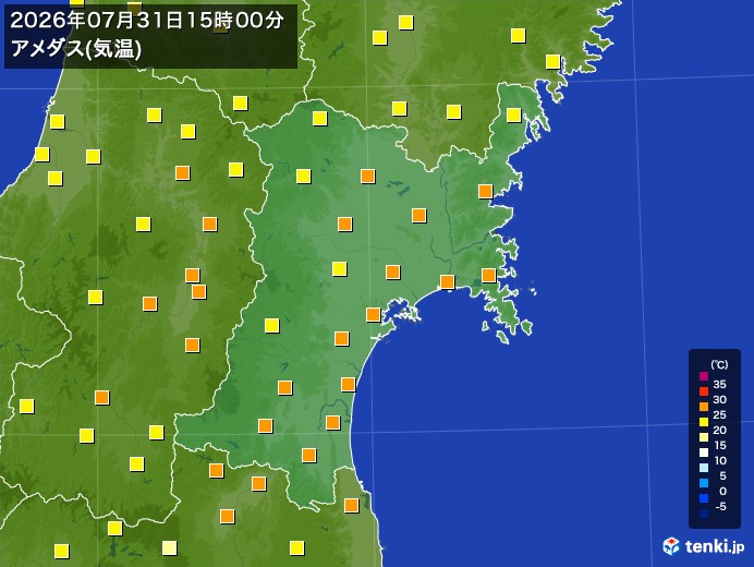 宮城県の過去のアメダス実況(2026年07月31日)(気温) – 日本気象協会 tenki.jp 宮城県の過去のアメダス実況(2026年07月31日)(気温) - 日本気象協会 tenki.jp