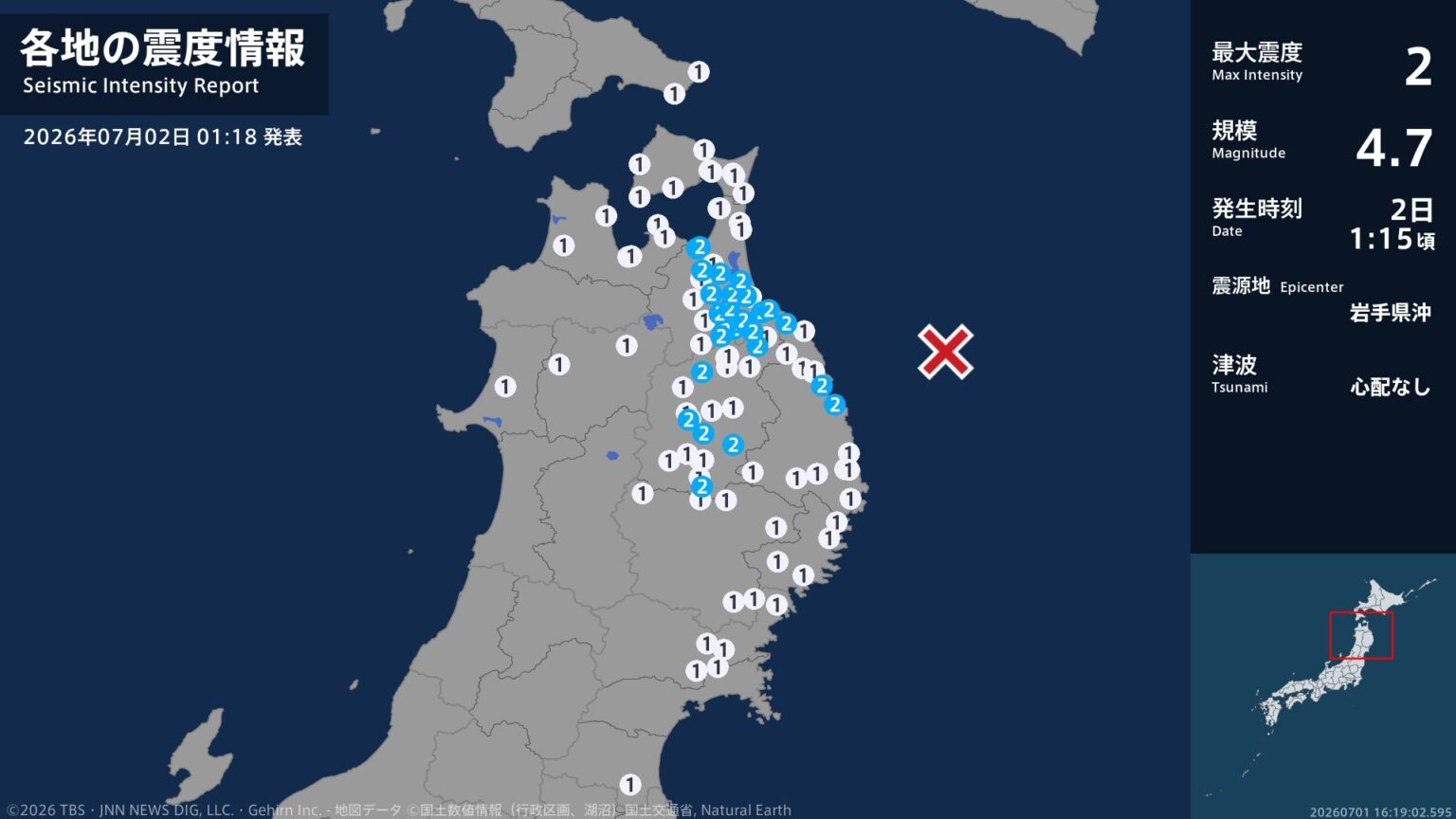 青森県、岩手県で最大震度2の地震 青森県・八戸市、十和田市、三沢市、野辺地町、七戸町、六戸町、東北町(TBS NEWS DIG Powered by JNN) 青森県、岩手県で最大震度2の地震 青森県・八戸市、十和田市、三沢市、野辺地町、七戸町、六戸町、東北町(TBS NEWS DIG Powered by JNN)