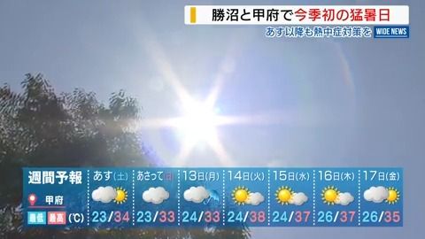 勝沼と甲府で今季初の猛暑日！来週14日は38℃予想…暑さ本格化で熱中症に注意 山梨（YBS山梨放送） - Yahoo!ニュース