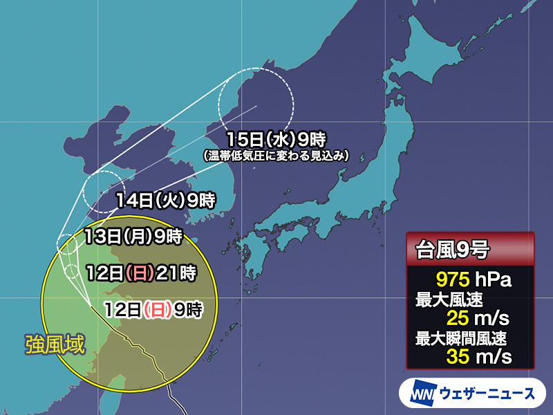 大型の台風9号(バービー) 中国大陸を北上し温帯低気圧に変わりながら日本海へ – ウェザーニュース ウェザーニュース