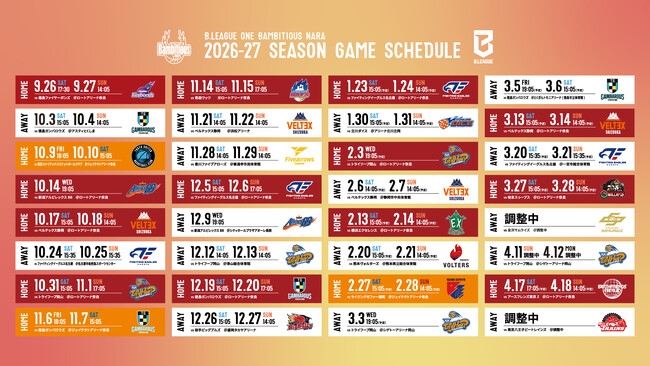 【バンビシャス奈良】りそなグループ B.LEAGUE 2026-27 SEASON バンビシャス奈良スケジュール|奈良新聞デジタル 【バンビシャス奈良】りそなグループ B.LEAGUE 2026-27 SEASON バンビシャス奈良スケジュール|奈良新聞デジタル