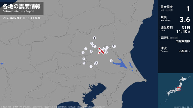 茨城県、栃木県、埼玉県で最大震度1の地震 茨城県・笠間市、土浦市、筑西市、坂東市、桜川市