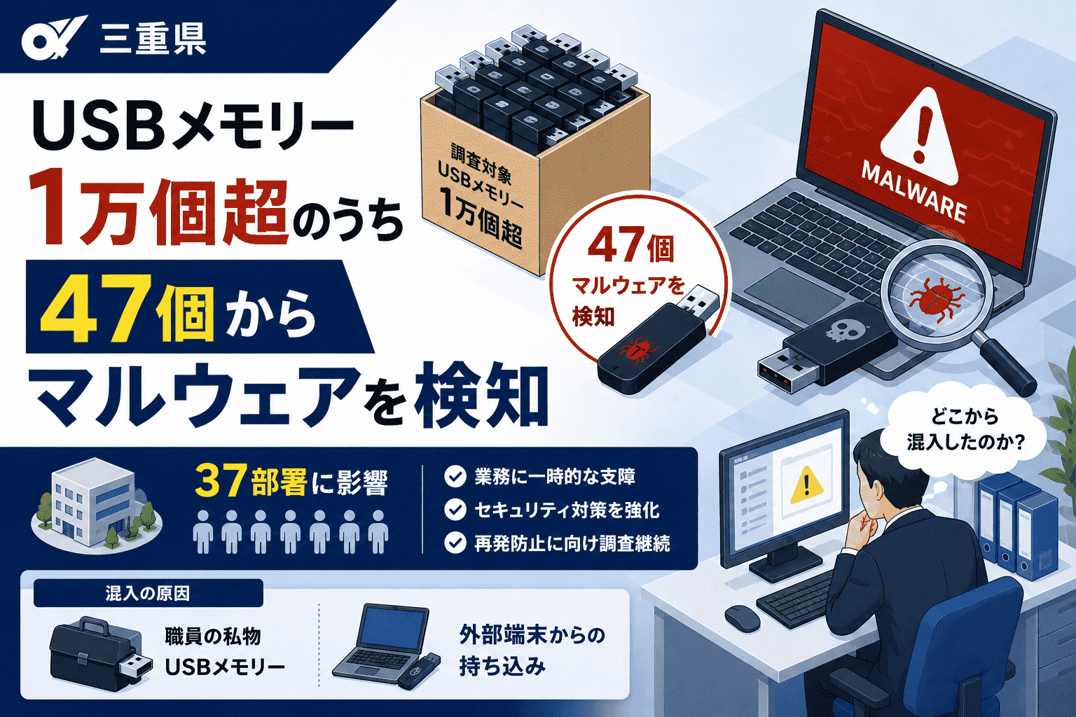三重県、USBメモリー 1万個超のうち47個からマルウェアを検知-37部署に影響、職員私物や外部端末からの混入も判明