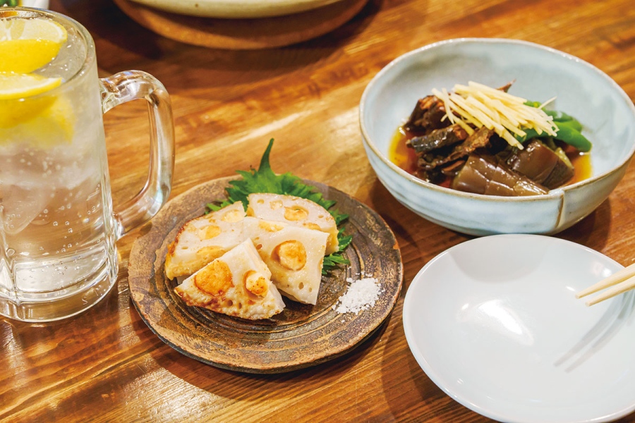 にしん茄子550円、蓮根海老真丈挟み焼500円