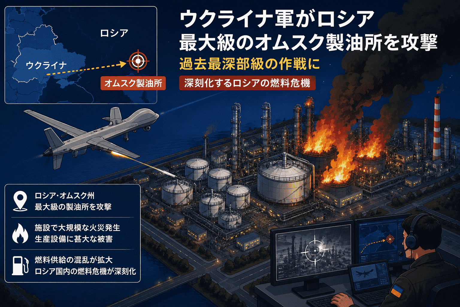 ウクライナ軍がロシア 最大級のオムスク製油所を攻撃、過去最深部級の作戦に-深刻化するロシアの燃料危機