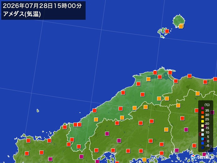 島根県の過去のアメダス実況(2026年07月28日)(気温) – 日本気象協会 tenki.jp 島根県の過去のアメダス実況(2026年07月28日)(気温) - 日本気象協会 tenki.jp