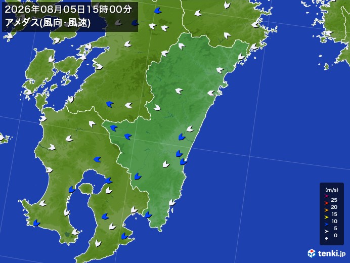 宮崎県の過去のアメダス実況(2026年08月05日)(風向・風速) - 日本気象協会 tenki.jp