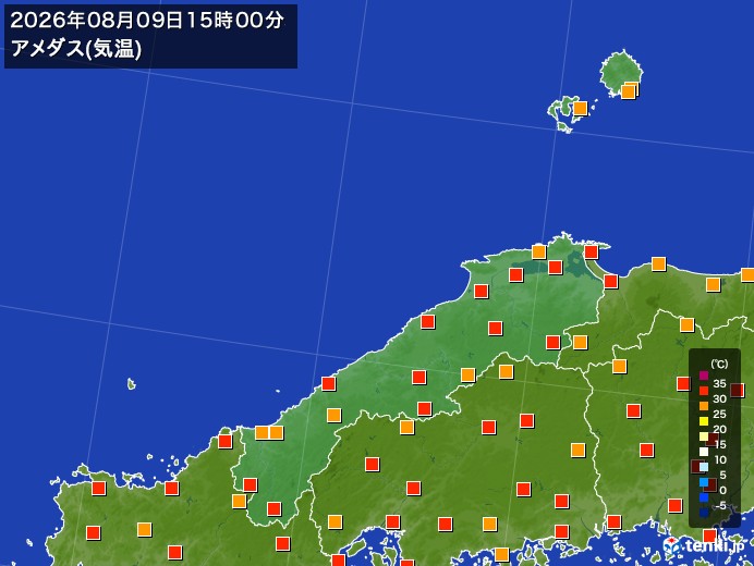 島根県の過去のアメダス実況(2026年08月09日)(気温) – 日本気象協会 tenki.jp 島根県の過去のアメダス実況(2026年08月09日)(気温) - 日本気象協会 tenki.jp
