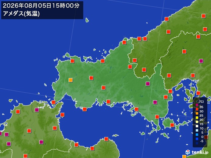山口県の過去のアメダス実況(2026年08月05日)(気温) – 日本気象協会 tenki.jp 山口県の過去のアメダス実況(2026年08月05日)(気温) - 日本気象協会 tenki.jp