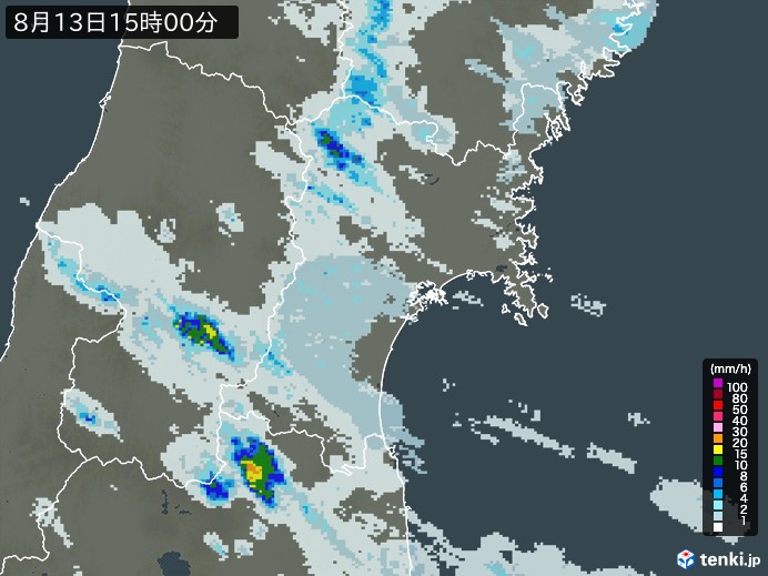 宮城県の雨雲レーダー(2026年08月13日)