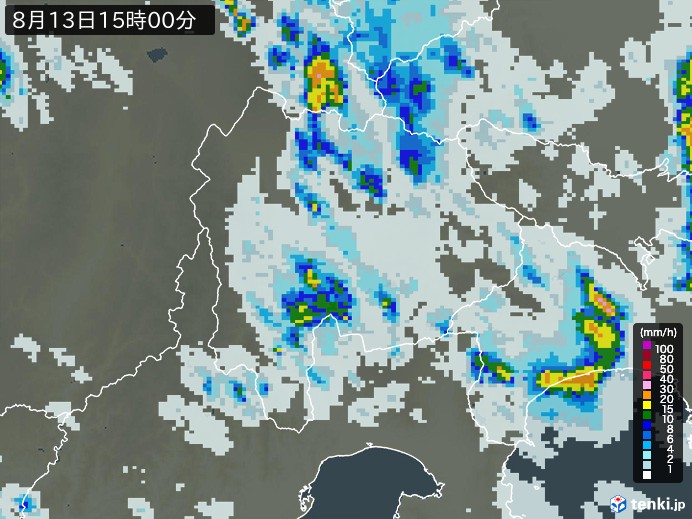 山梨県の雨雲レーダー(2026年08月13日)