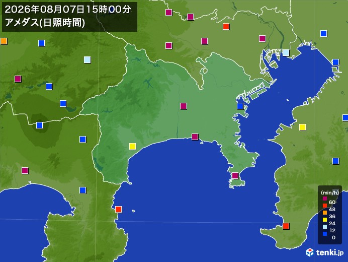 神奈川県の過去のアメダス実況(2026年08月07日)(日照時間) - 日本気象協会 tenki.jp