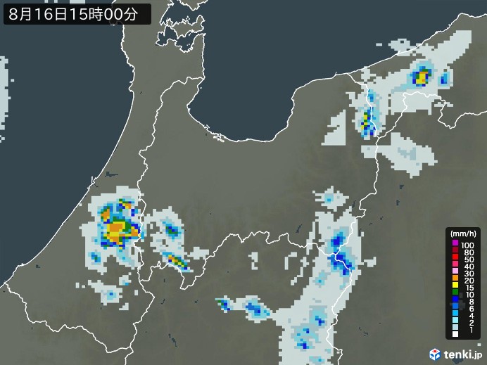 富山県の雨雲レーダー(2026年08月16日)