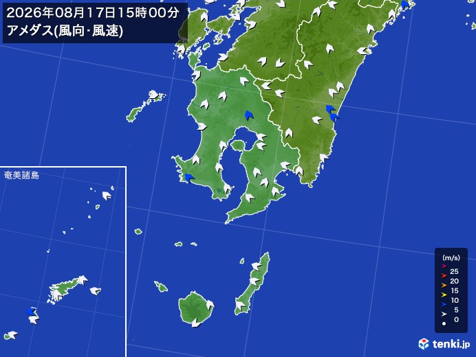 鹿児島県の過去のアメダス実況(2026年08月17日)(風向・風速) - 日本気象協会 tenki.jp