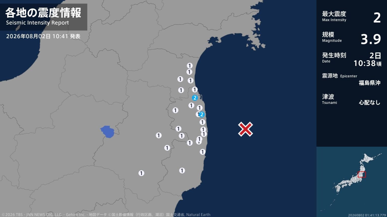 福島県で最大震度2の地震 福島県・相馬市、南相馬市(TBS NEWS DIG Powered by JNN) 福島県で最大震度2の地震 福島県・相馬市、南相馬市(TBS NEWS DIG Powered by JNN)