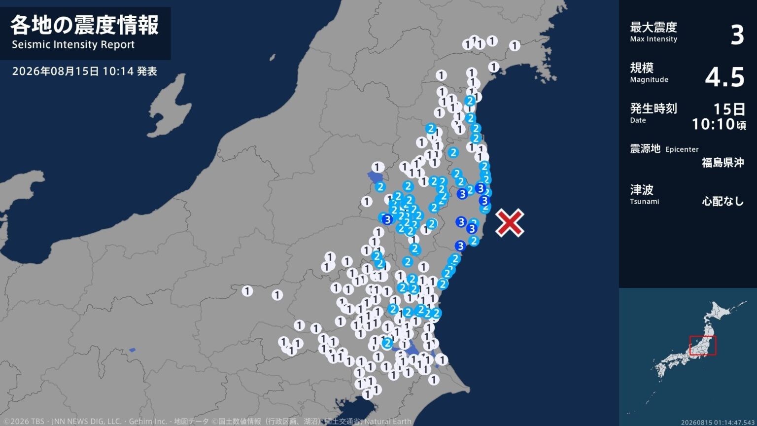 福島県で最大震度3の地震 福島県・白河市、いわき市、楢葉町、川内村、大熊町(TBS NEWS DIG Powered by JNN) 福島県で最大震度3の地震 福島県・白河市、いわき市、楢葉町、川内村、大熊町(TBS NEWS DIG Powered by JNN)