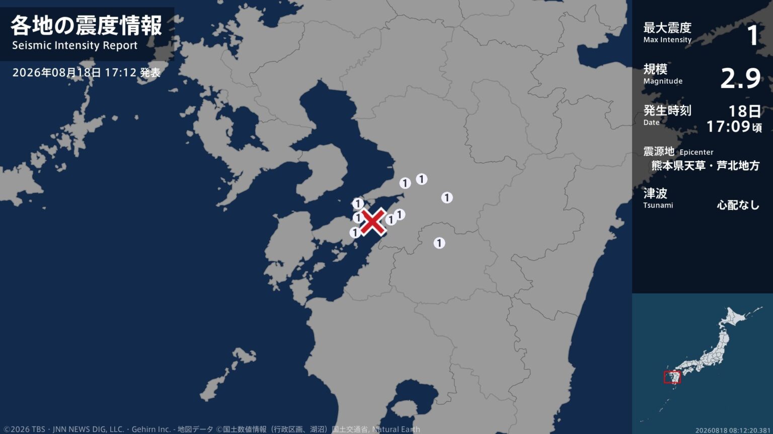 熊本県で最大震度1の地震 熊本県・熊本南区、八代市、宇土市、熊本美里町、五木村、上天草市(TBS NEWS DIG Powered by JNN) 熊本県で最大震度1の地震 熊本県・熊本南区、八代市、宇土市、熊本美里町、五木村、上天草市(TBS NEWS DIG Powered by JNN)