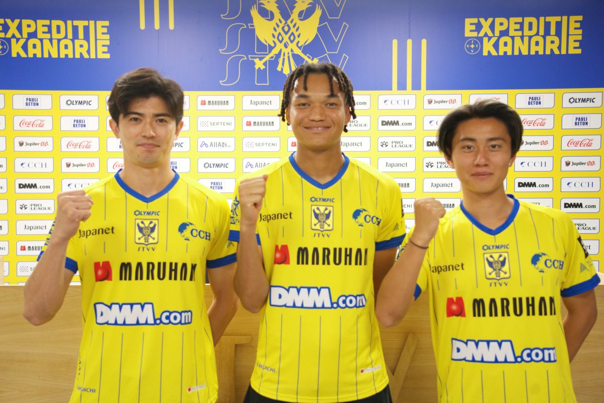 シント＝トロイデンVV（STVV）2026-2027シーズン始動記者会見より　左から谷口彰悟選手／石渡ネルソン選手／荒木遼太郎選手