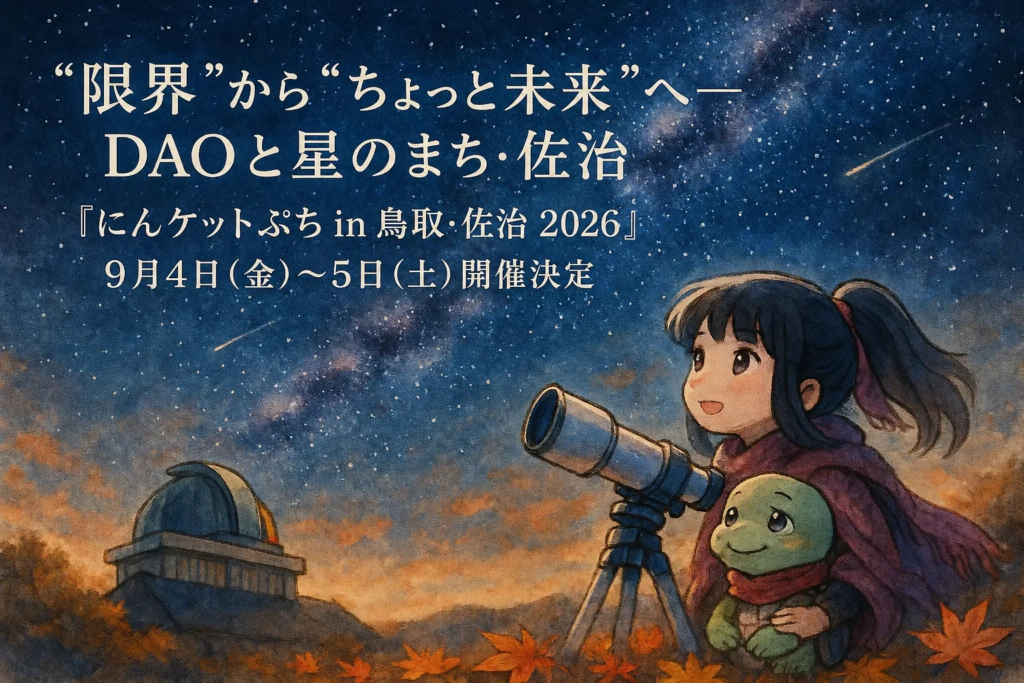 “限界”から”ちょっと未来”へ─DAOと星のまち・佐治『にんケットぷち in 鳥取・佐治 2026』2026年9月4日(金)〜5日(土)開催決定〜 | 株式会社あるやうむのプレスリリース "限界"から"ちょっと未来"へ─DAOと星のまち・佐治『にんケットぷち in 鳥取・佐治 2026』2026年9月4日(金)〜5日(土)開催決定〜 | 株式会社あるやうむのプレスリリース