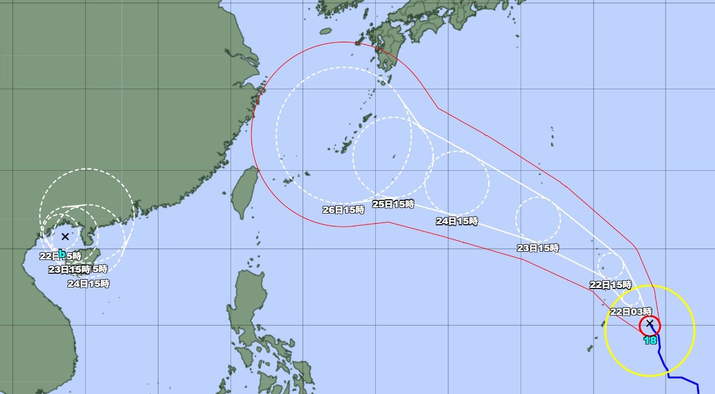 21日午後3時現在の進路予想図(気象庁ウェブサイトより)
