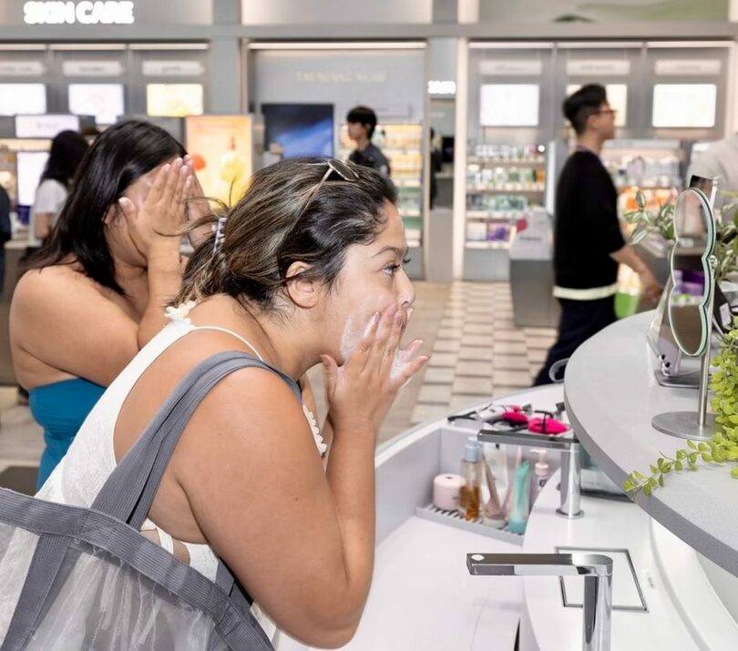 CJオリーブヤングの米パサデナ店で、現地の消費者がクレンジング商品を試している(c)news1