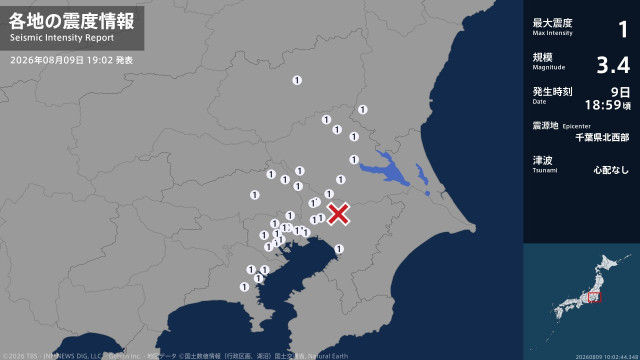 茨城県、栃木県、埼玉県、千葉県、東京都、神奈川県で最大震度1の地震　茨城県・笠間市、土浦市、石岡市