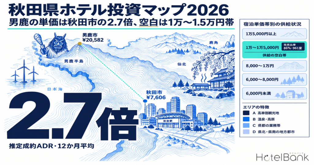秋田県ホテル投資マップ2026|男鹿の単価は秋田市の2.7倍、空白は1万〜1.5万円帯 | HotelBank (ホテルバンク) 秋田県ホテル投資マップ2026|男鹿の単価は秋田市の2.7倍、空白は1万〜1.5万円帯