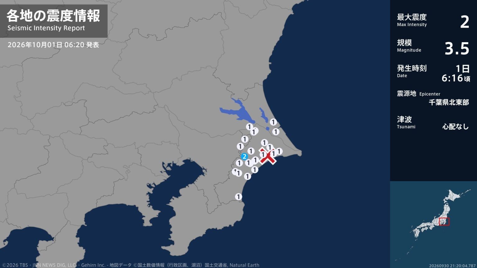 千葉県で最大震度2の地震 千葉県・芝山町(TBS NEWS DIG Powered by JNN) TBS NEWS DIG Powered by JNN