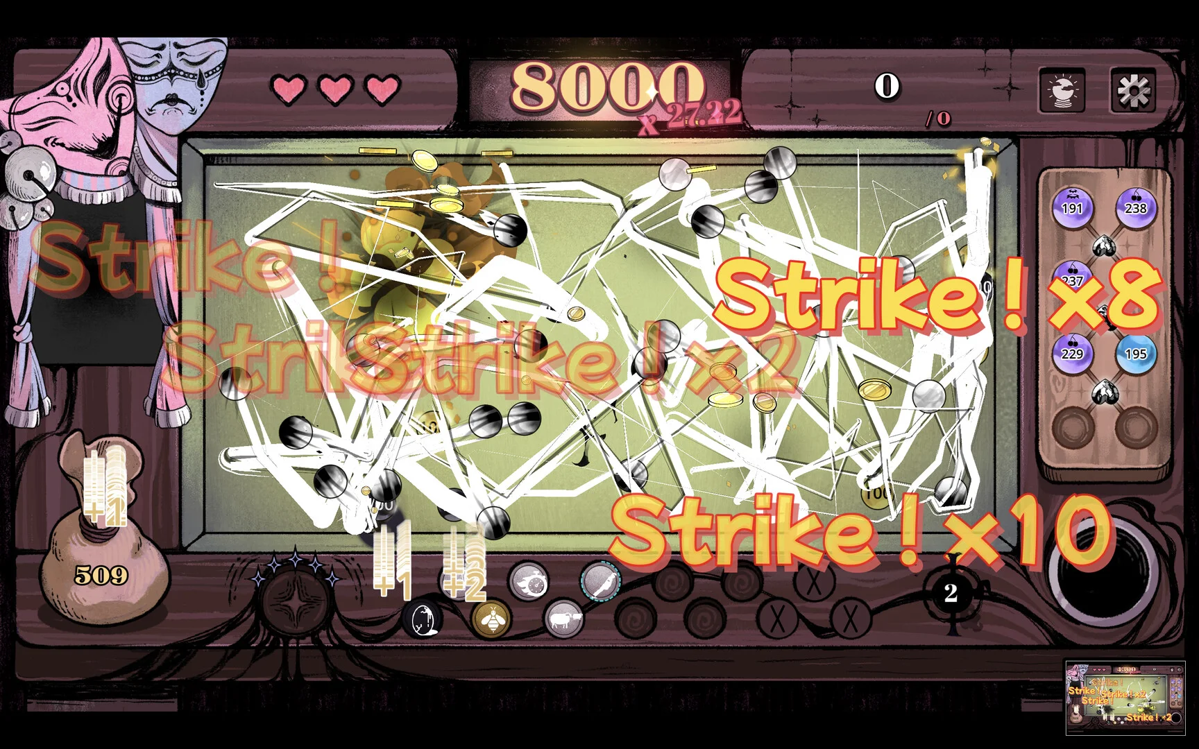ゲーム画面で多数のStrike!表示とスコア8000が確認できる