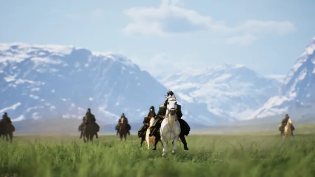 草原を馬で移動する騎手たちのスクリーンショット