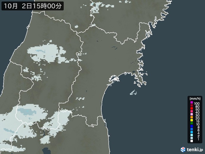 宮城県の雨雲レーダー(2026年10月02日)