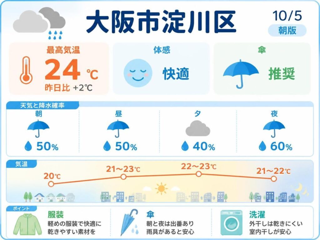 【大阪市淀川区】10/5 最高24℃、朝と夜は雨の可能性、くもりが中心の予想【朝版】(Yahoo!ニュース オリジナル THE PAGE) Yahoo!ニュース オリジナル THE PAGE
