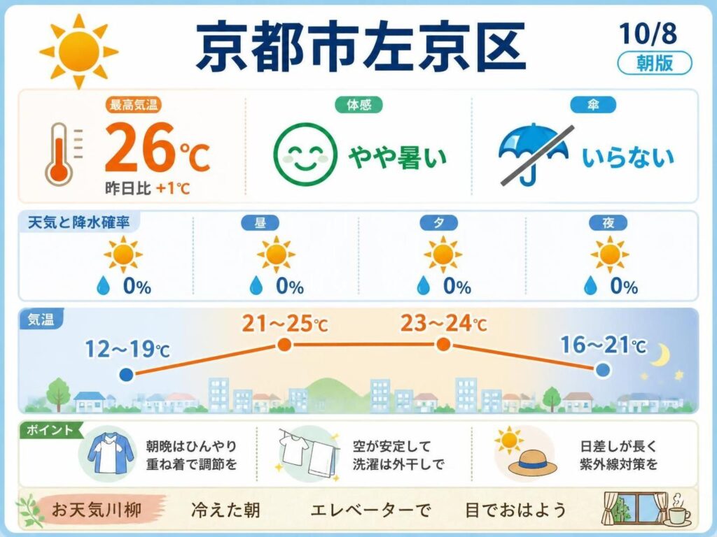 【京都市左京区】10/8 最高26℃、最低12℃、昼間は晴れてやや暑さを感じる場面もある予想【朝版】(Yahoo!ニュース オリジナル THE PAGE) Yahoo!ニュース オリジナル THE PAGE