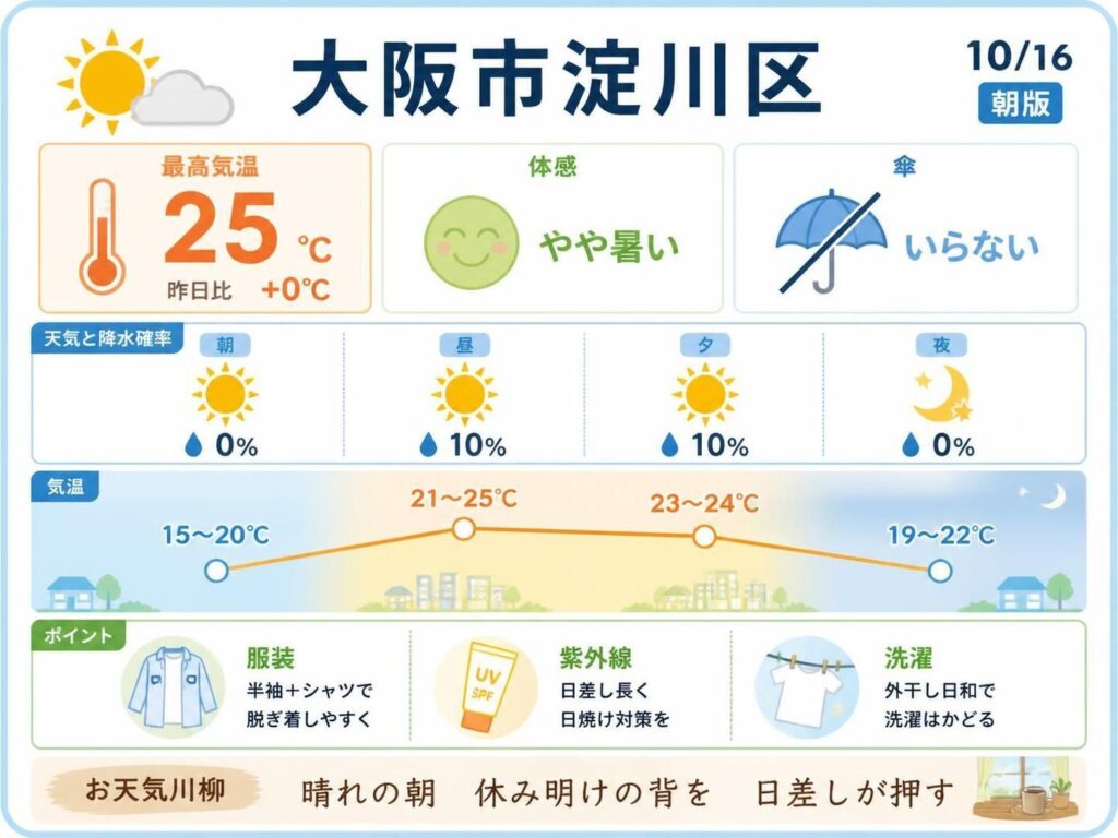 【大阪市淀川区】10/16 最高25℃、最低15℃、昼間は晴れて過ごしやすい予想【朝版】(Yahoo!ニュース オリジナル THE PAGE) Yahoo!ニュース オリジナル THE PAGE