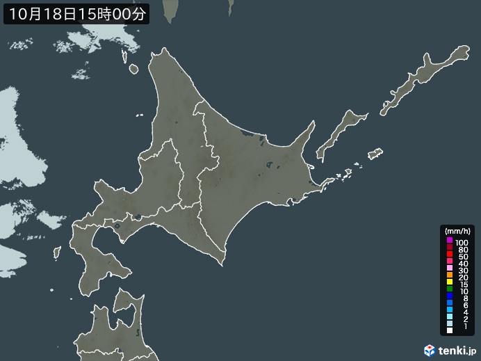 北海道地方の雨雲レーダー(2026年10月18日)