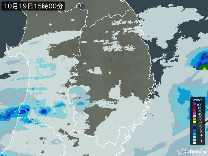 岩手県の雨雲レーダー(2026年10月19日)