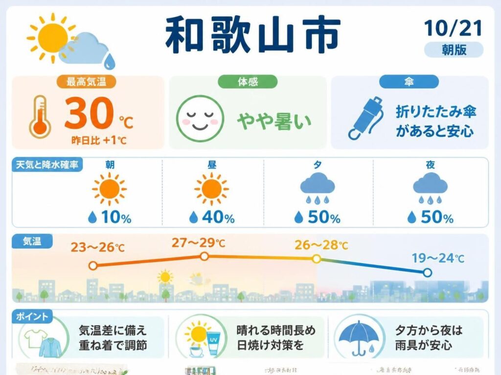 【和歌山市】10/21 最高30℃、暑さを感じる場面も、やや風がある、夕方から夜は雨の予想【朝版】(Yahoo!ニュース オリジナル THE PAGE) Yahoo!ニュース オリジナル THE PAGE