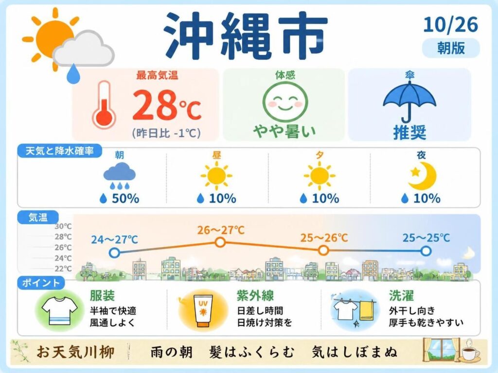 【沖縄市】10/26 最高28℃、やや暑さを感じる場面も、朝は雨の可能性がある予想【朝版】(Yahoo!ニュース オリジナル THE PAGE) Yahoo!ニュース オリジナル THE PAGE