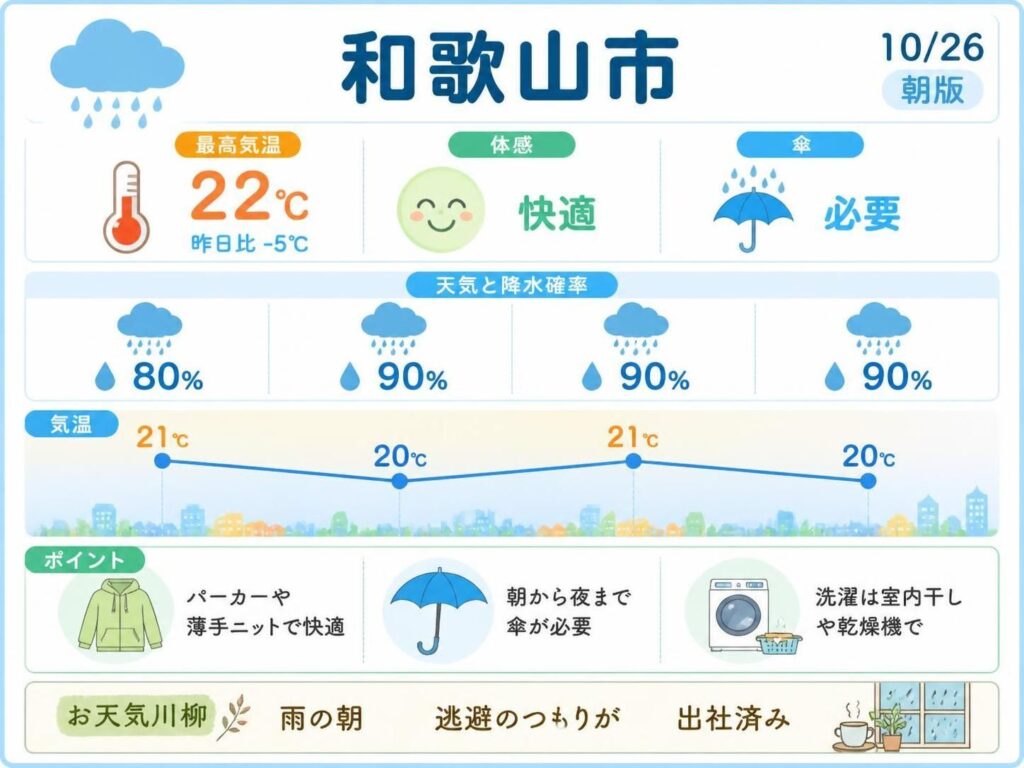 【和歌山市】10/26 最高22℃、雨、昼間から夜も雨が続く予想【朝版】(Yahoo!ニュース オリジナル THE PAGE) Yahoo!ニュース オリジナル THE PAGE