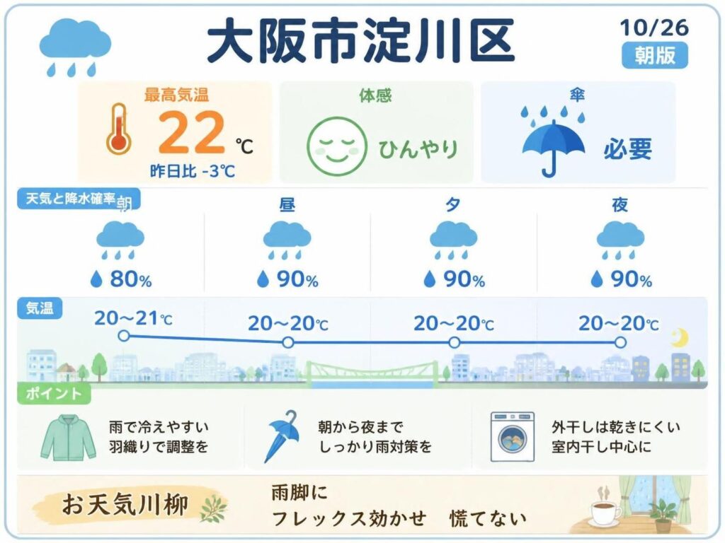 【大阪市淀川区】10/26 最高22℃、雨、やや風がある予想【朝版】(Yahoo!ニュース オリジナル THE PAGE) Yahoo!ニュース オリジナル THE PAGE