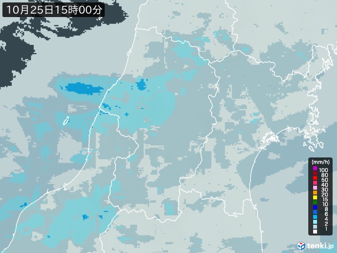 山形県の雨雲レーダー(2026年10月25日)