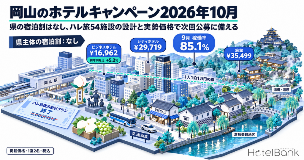 岡山のホテルキャンペーン2026年10月|県の宿泊割はなし、ハレ旅54施設の設計と実勢価格で次回公募に備える | HotelBank (ホテルバンク) 岡山のホテルキャンペーン2026年10月|県の宿泊割はなし、ハレ旅54施設の設計と実勢価格で次回公募に備える