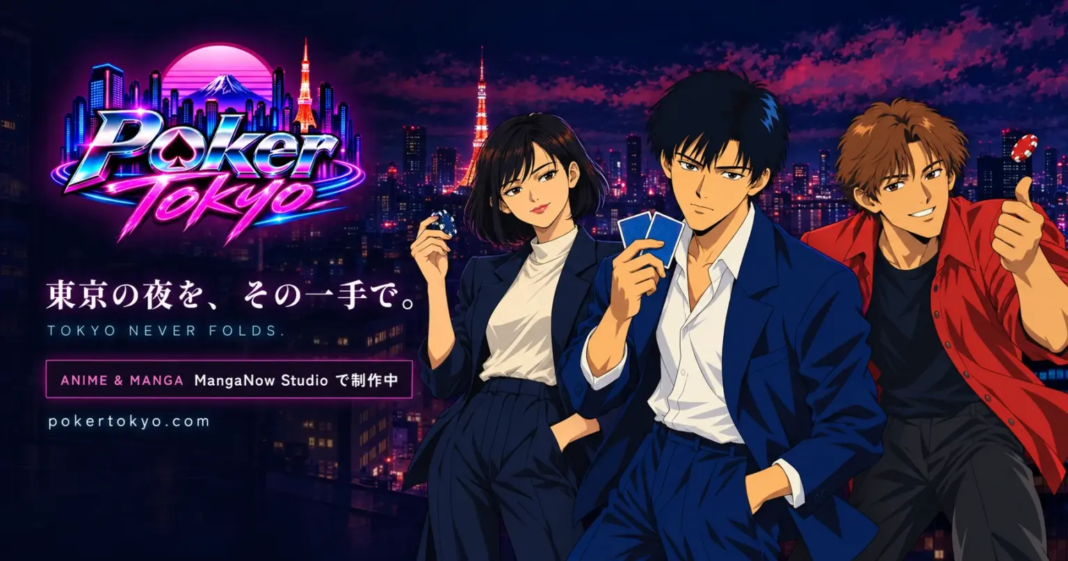 Poker Tokyoのキービジュアル。夜の東京を背景に主人公3人が並ぶ