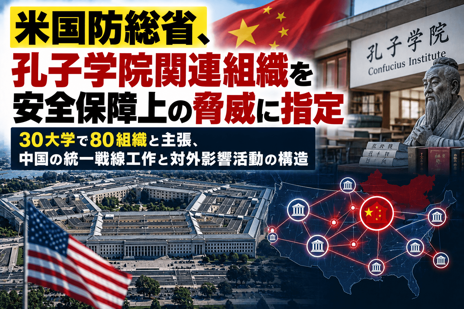 米国防総省、孔子学院関連組織を安全保障上の脅威に指定　30大学で80組織と主張、中国の統一戦線工作と対外影響活動の構造