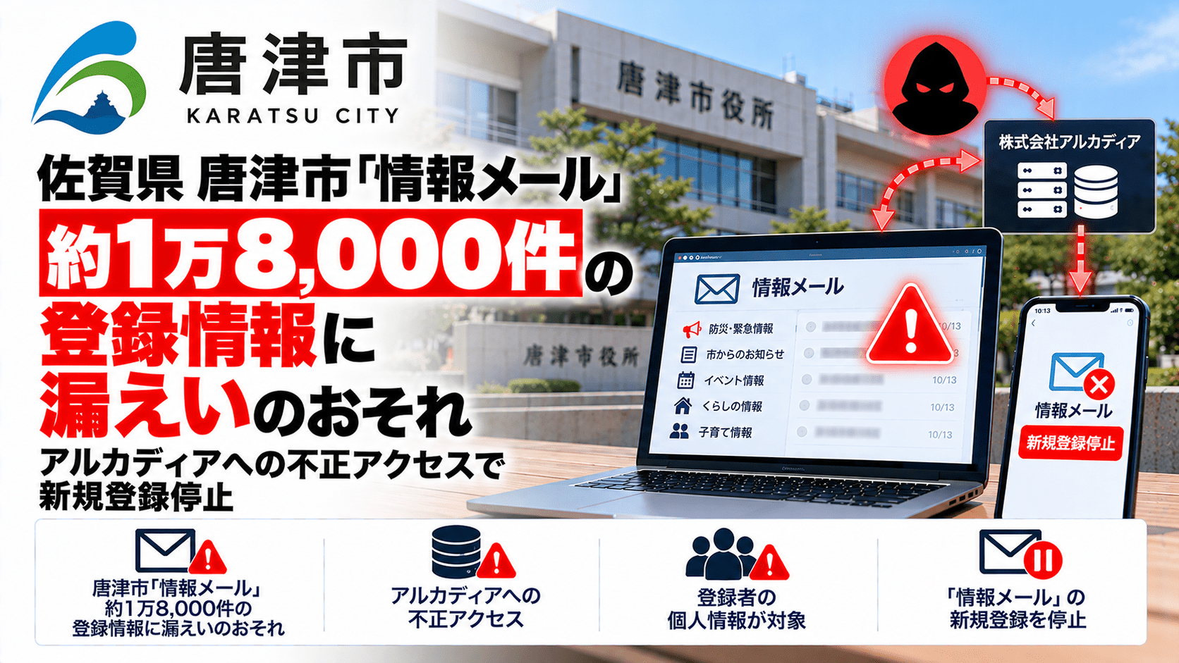 佐賀県 唐津市「情報メール」、約1万8,000件の登録情報に漏えいのおそれ―アルカディアへの不正アクセスで新規登録停止