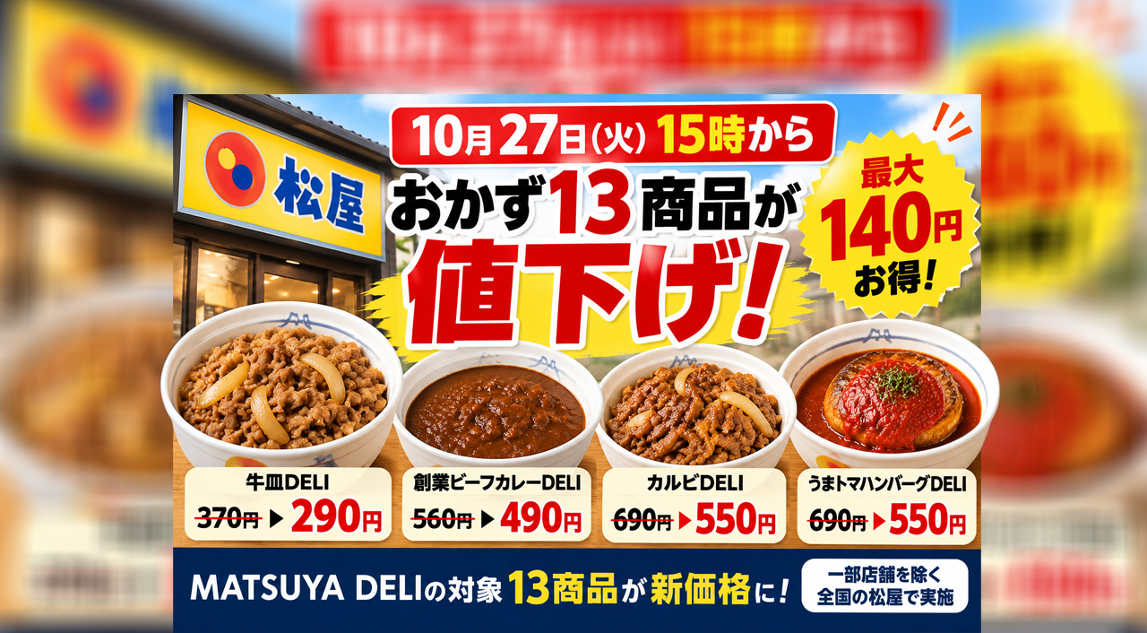 【10月27日15時から】松屋のおかず13商品が値下げ!牛皿290円、最大140円お得|ほんみや宮崎