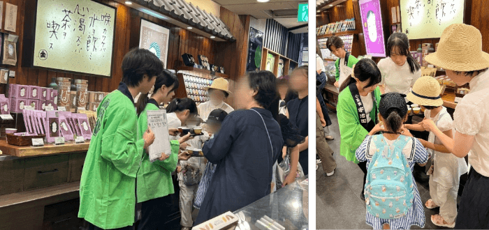 令和8年(2026年)8月に宇治園心斎橋本店で実施した日本茶の試飲・アンケート調査の様子