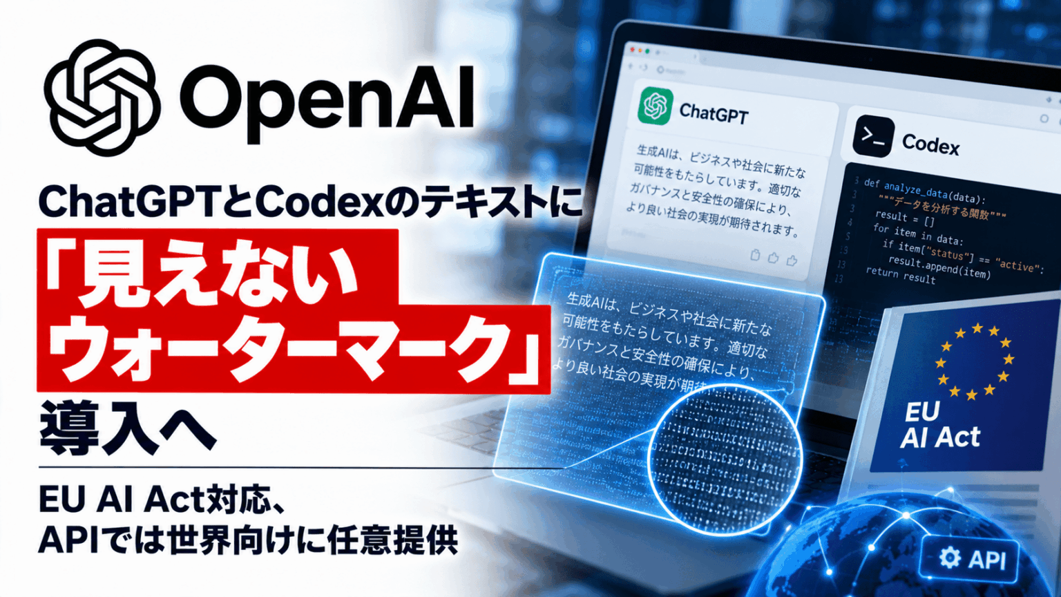 OpenAI、ChatGPTとCodexのテキストに「見えないウォーターマーク」導入へ―EU AI Act対応、APIでは世界向けに任意提供|セキュリティニュースのセキュリティ対策Lab OpenAI、ChatGPTとCodexのテキストに「見えないウォーターマーク」導入へ―EU AI Act対応、APIでは世界向けに任意提供